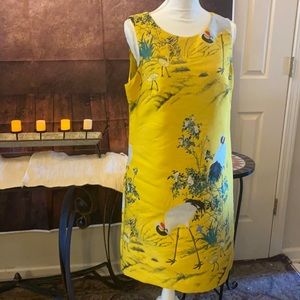 Yellow Japanese print sleeveless lined dress.